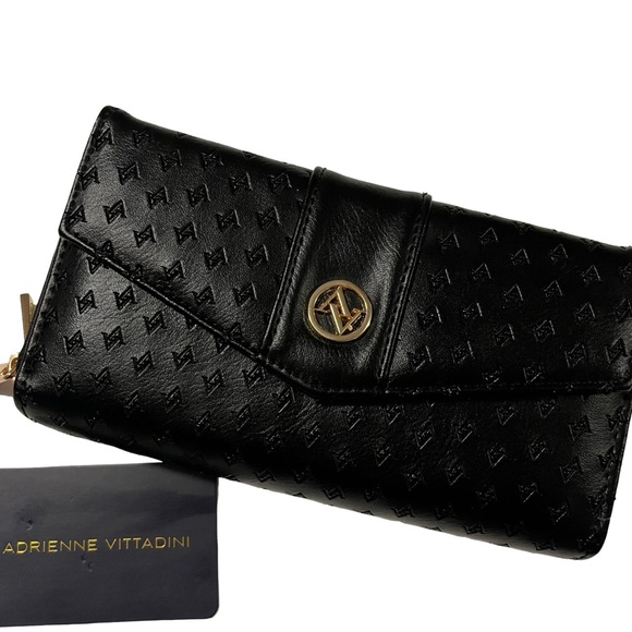 Adrienne Vittadini Handbags - Adrienne Vittadini Black Embossed Logo Zip Around Wallet Clutch Like New